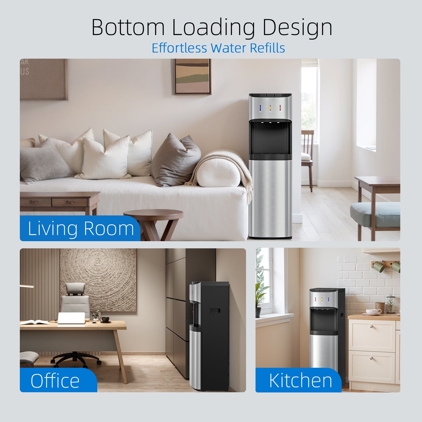 Manastin Bottom-Loading Water Dispenser, 3 Temperatures (Hot, Room and Cold), Child Safety Lock, LED Display with Empty Bottle Alert, Silver