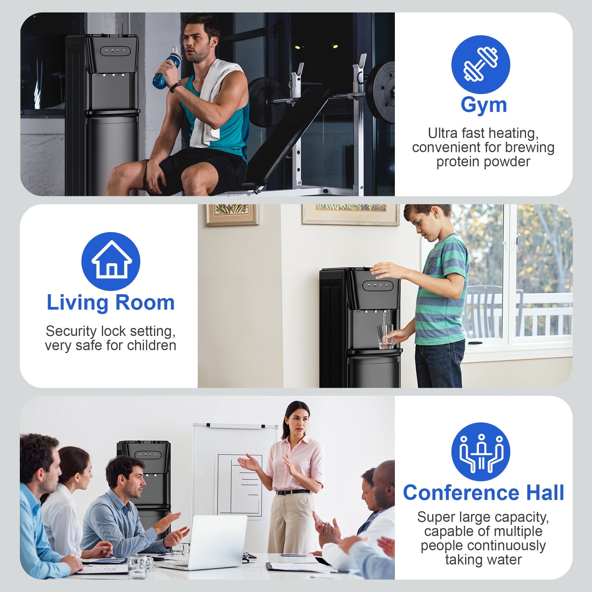 Manastin Bottom-Loading Water Dispenser w/ Hot, Room & Cold Water | Child Safety Lock, LED Display, Black