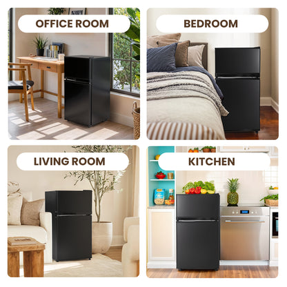 3.55 Cu.Ft Mini Fridge with Freezer, Dual-Door Compact Refrigerator for Office, Kitchen, Dorm & Bedroom, Adjustable Shelves,Jet Black