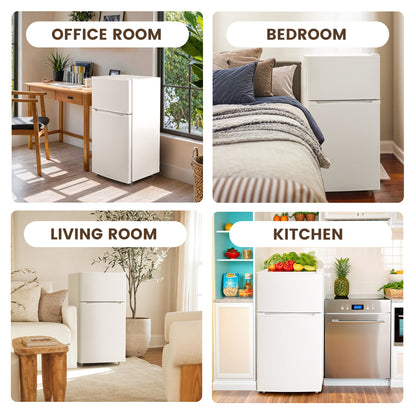 Manastin 3.5 Cu.Ft Mini Fridge with Freezer, Adjustable Thermostat, Low Noise, Removable Glass Shelves, 2 Door Small Refrigerator for Kitchen, Dorm, Office, Bedroom,White