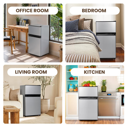 3.55 Cu.Ft Mini Fridge with Freezer, Dual-Door Compact Refrigerator for Office, Kitchen, Dorm & Bedroom, Adjustable Shelves,Matte Silver