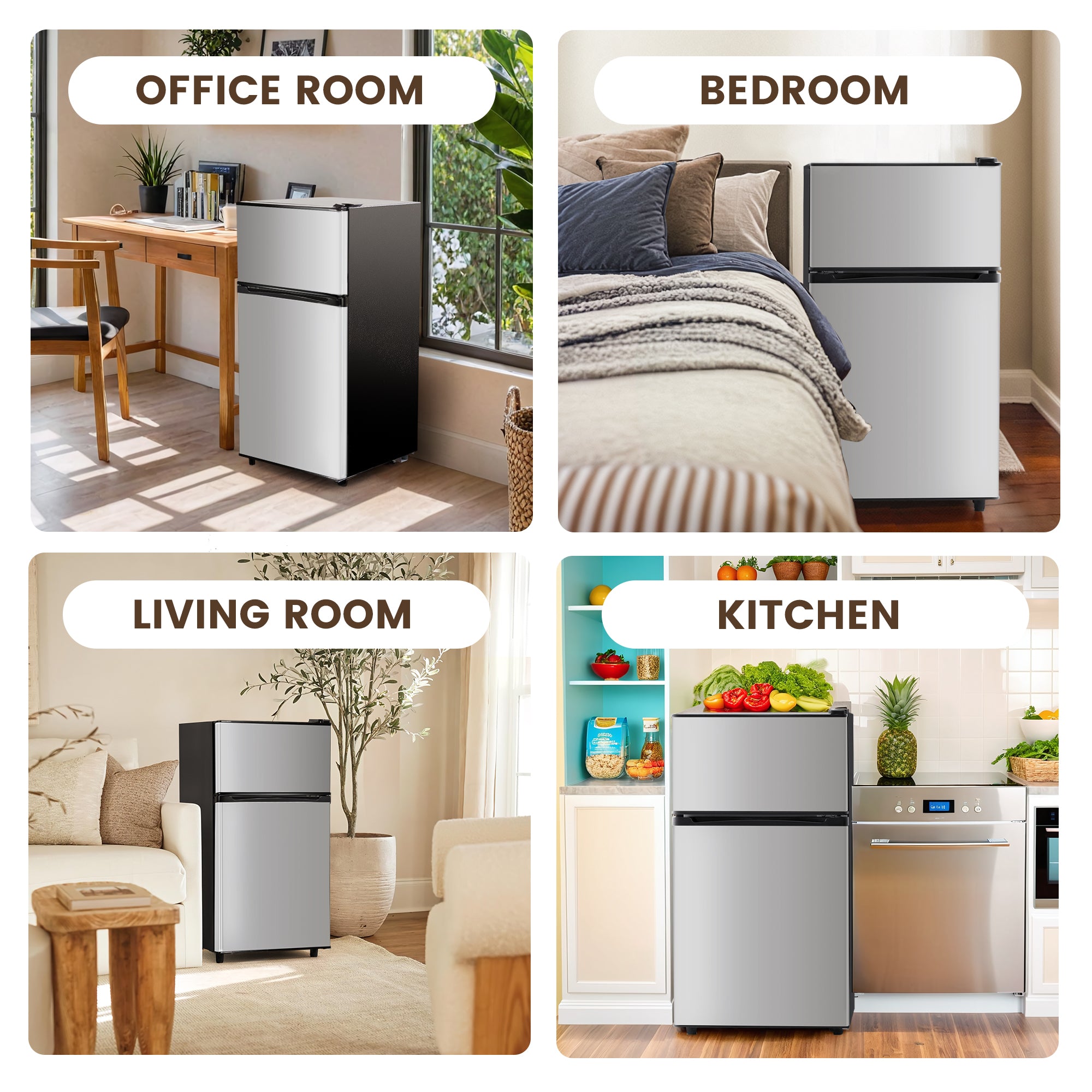 3.55 Cu.Ft Mini Fridge with Freezer, Dual-Door Compact Refrigerator for Office, Kitchen, Dorm & Bedroom, Adjustable Shelves, Silver