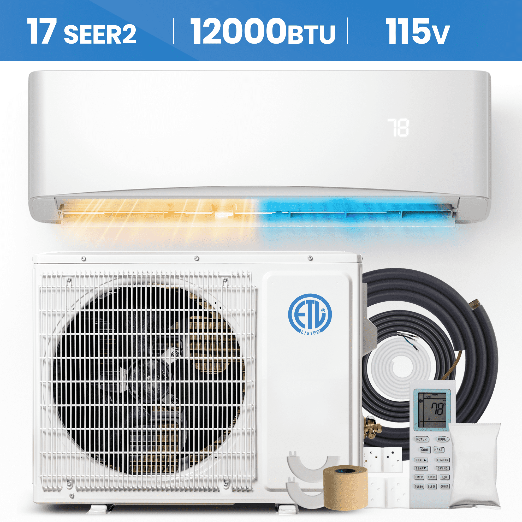 Manastin 12000 BTU Mini Split Air Conditioner & Heater With AHRI Certified, 17 SEER2 115V Inverter System, Covers Up to 750 Sq. Ft, Complete Installation Kit Included