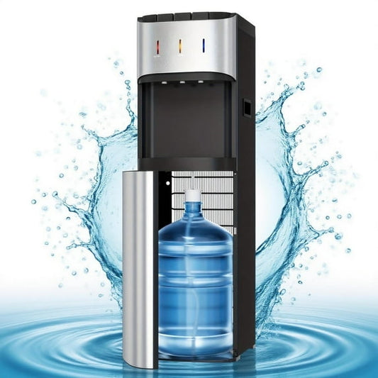 Manastin Bottom-Mounted Water Dispenser, 3 Temperatures (Hot, Cold, and Room), with Safety Lock, LED Lighting, Empty Bottle Alert, Silver
