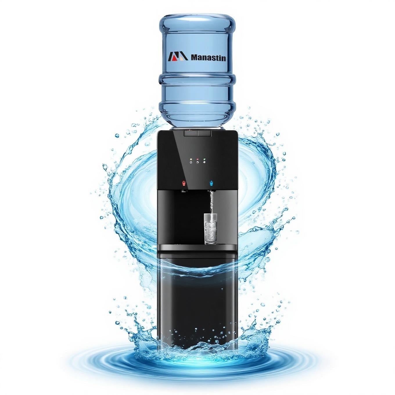 Manastin Top Loading Water Dispenser - Hot and Cold Water, Child Lock, Removable Water Tray, Extra Storage, Black