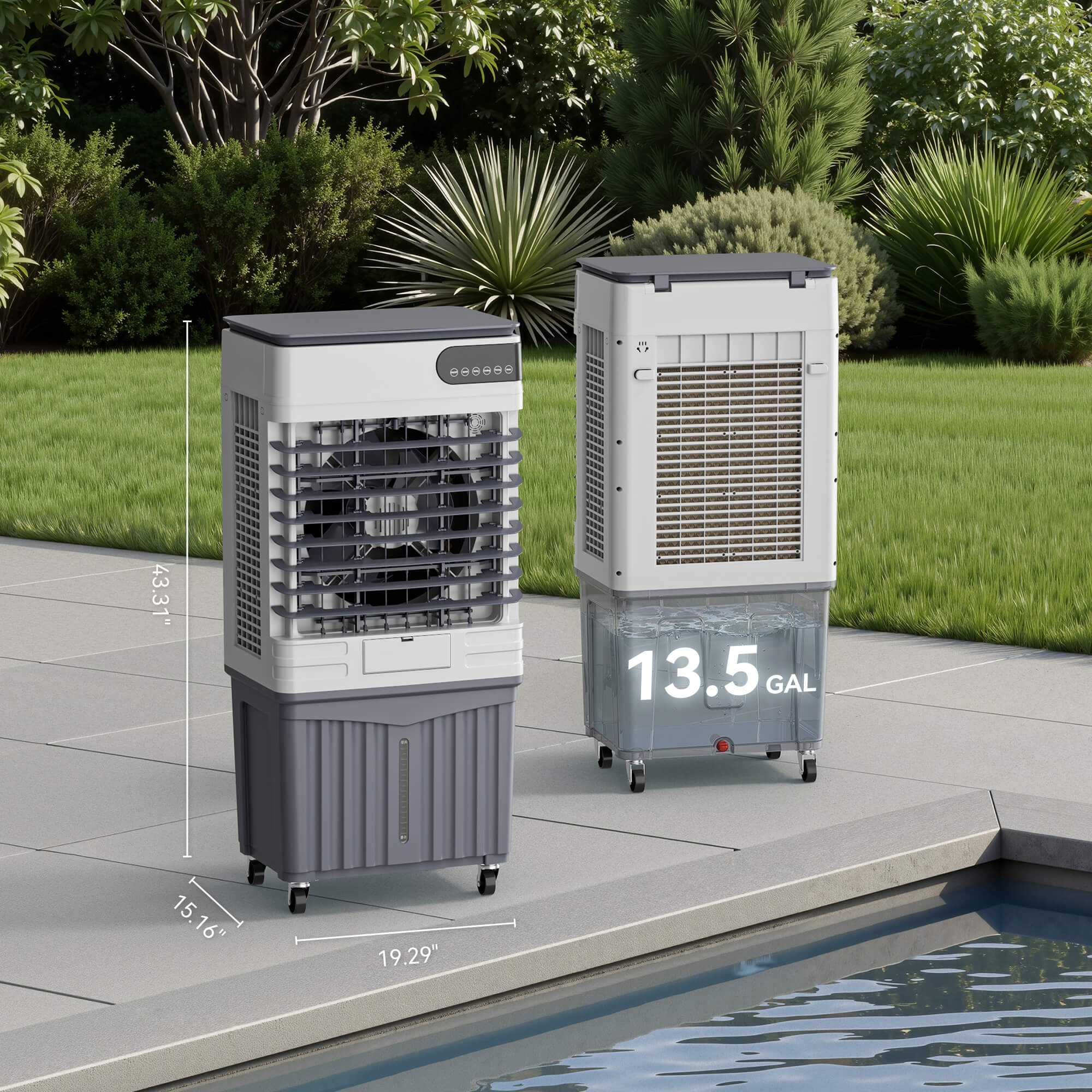 Portable Evaporative Cooler PAC24 dimension and 13.5-gallon water tank