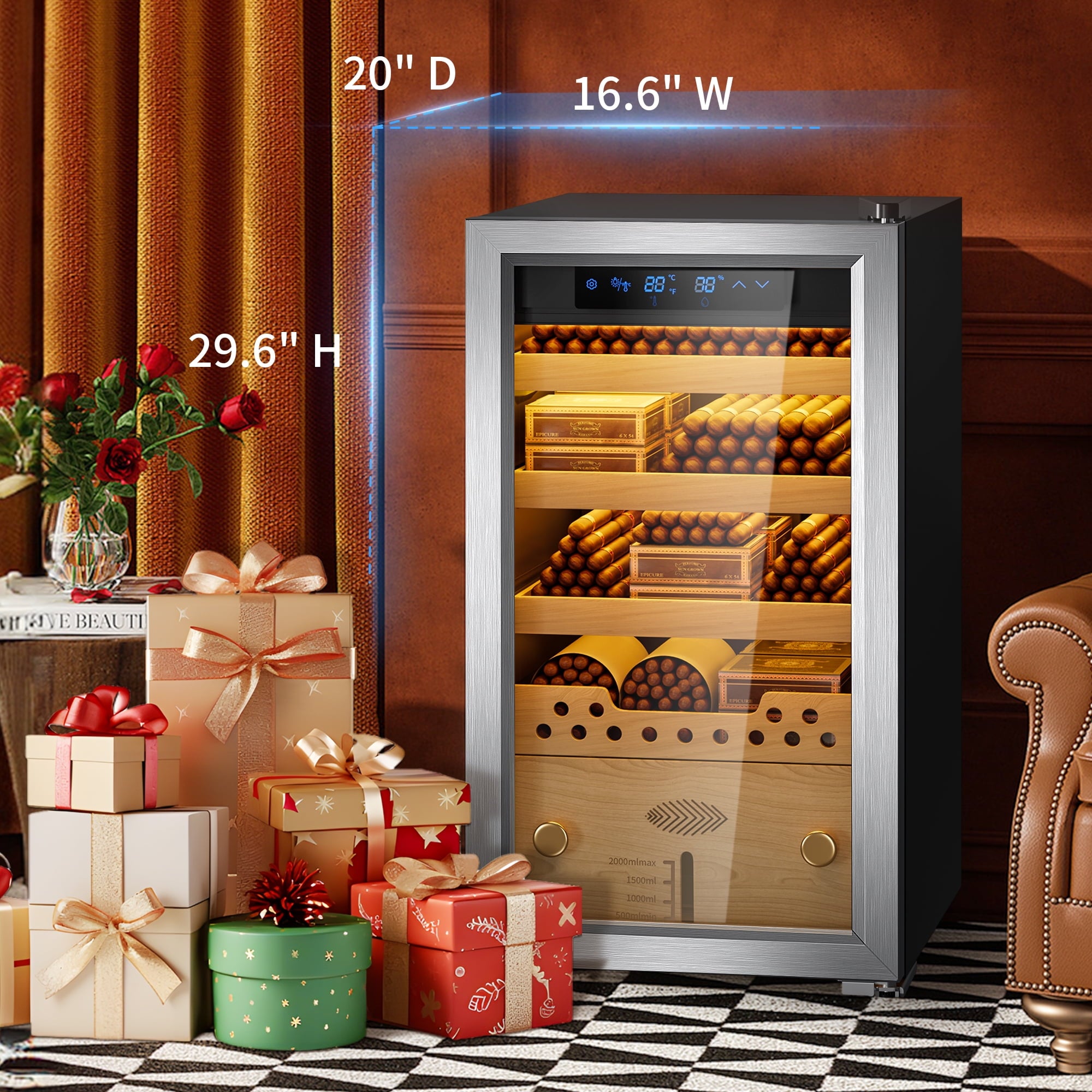 Cigar Humidor, Cigar Humidor Cabinet Light Control System with Hygrometer, Cigar Accessories Drawer