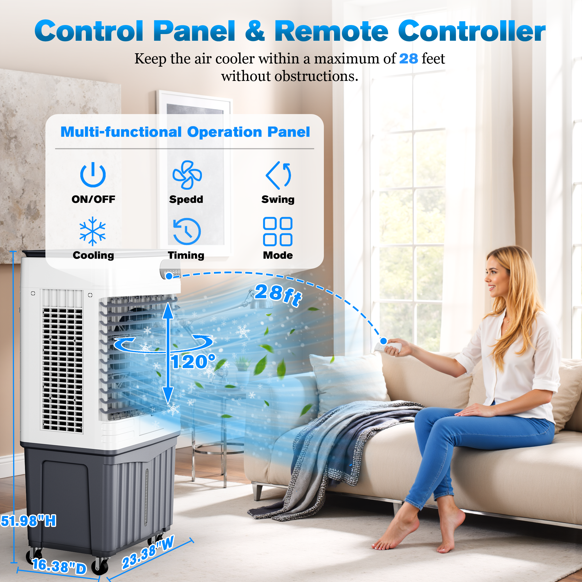 Swamp Cooler Air Conditioners, 4-IN-1 Portable Evaporative Cooler Cools Up to 1500 Sq.Ft, Large 18.5Gal Tank for 24/7 Cooling, Low Noise Cooling Fan with Remote Control Fits for Large Rooms