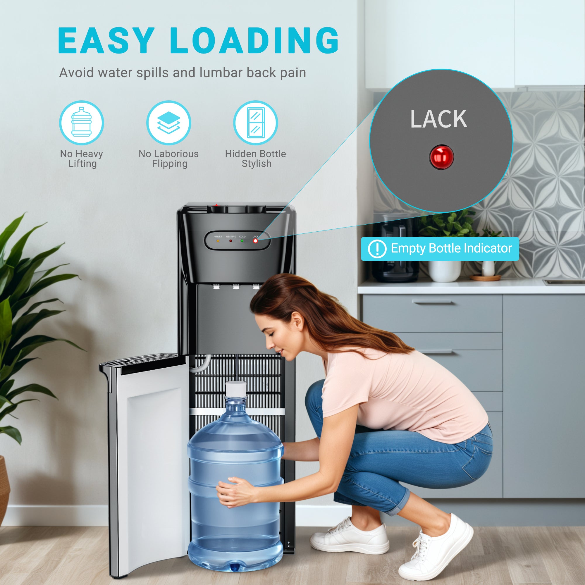 Bottom Loading Water Cooler Dispenser for3 or 5 Gallon Bottles，3 Temperatures with Hot, Room & Cold Spouts, Empty Bottle Indicator, Child Safety Lock, Ideal for Home, Office, Living Room Black