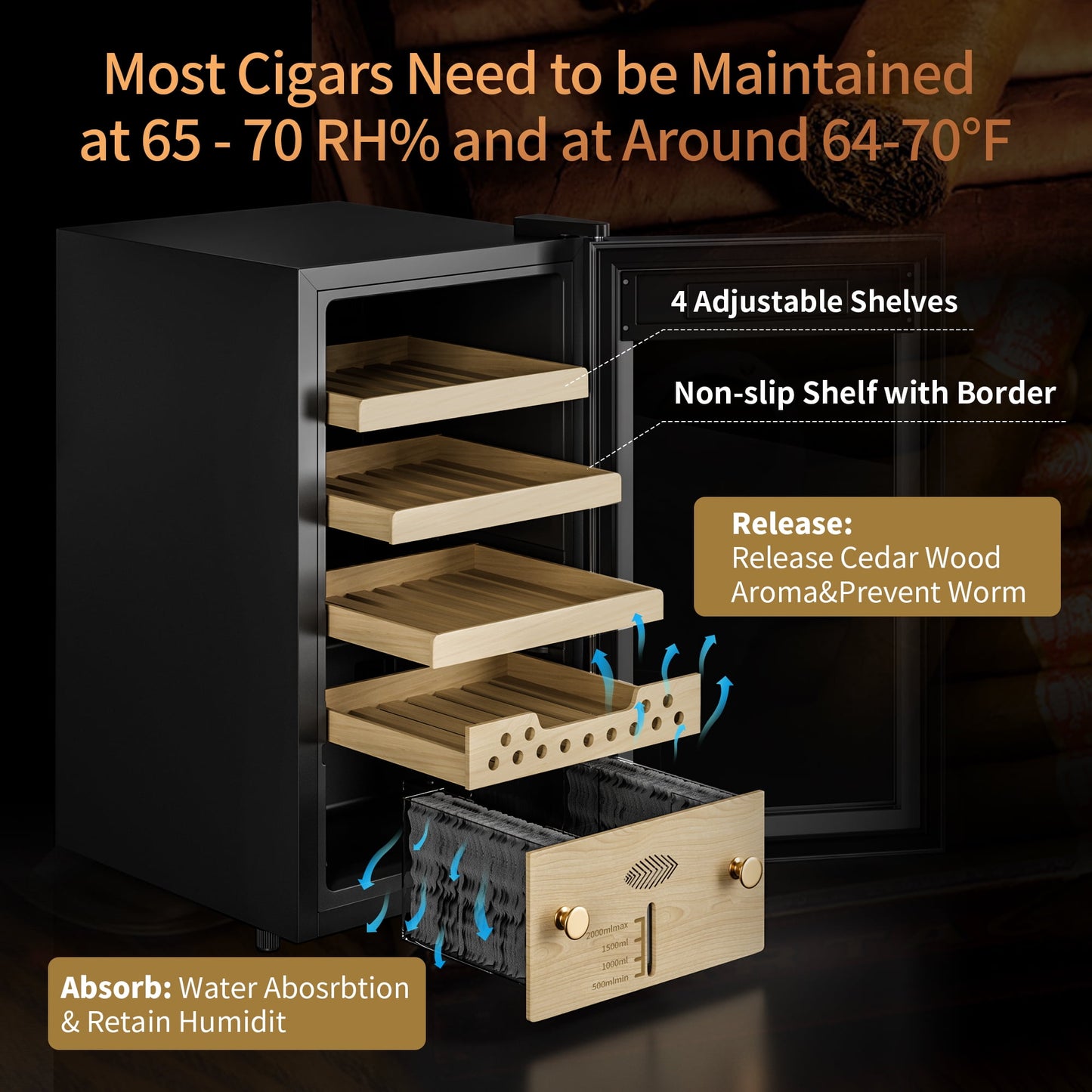 Cigar Humidor, Cigar Humidor Cabinet Light Control System with Hygrometer, Cigar Accessories Drawer