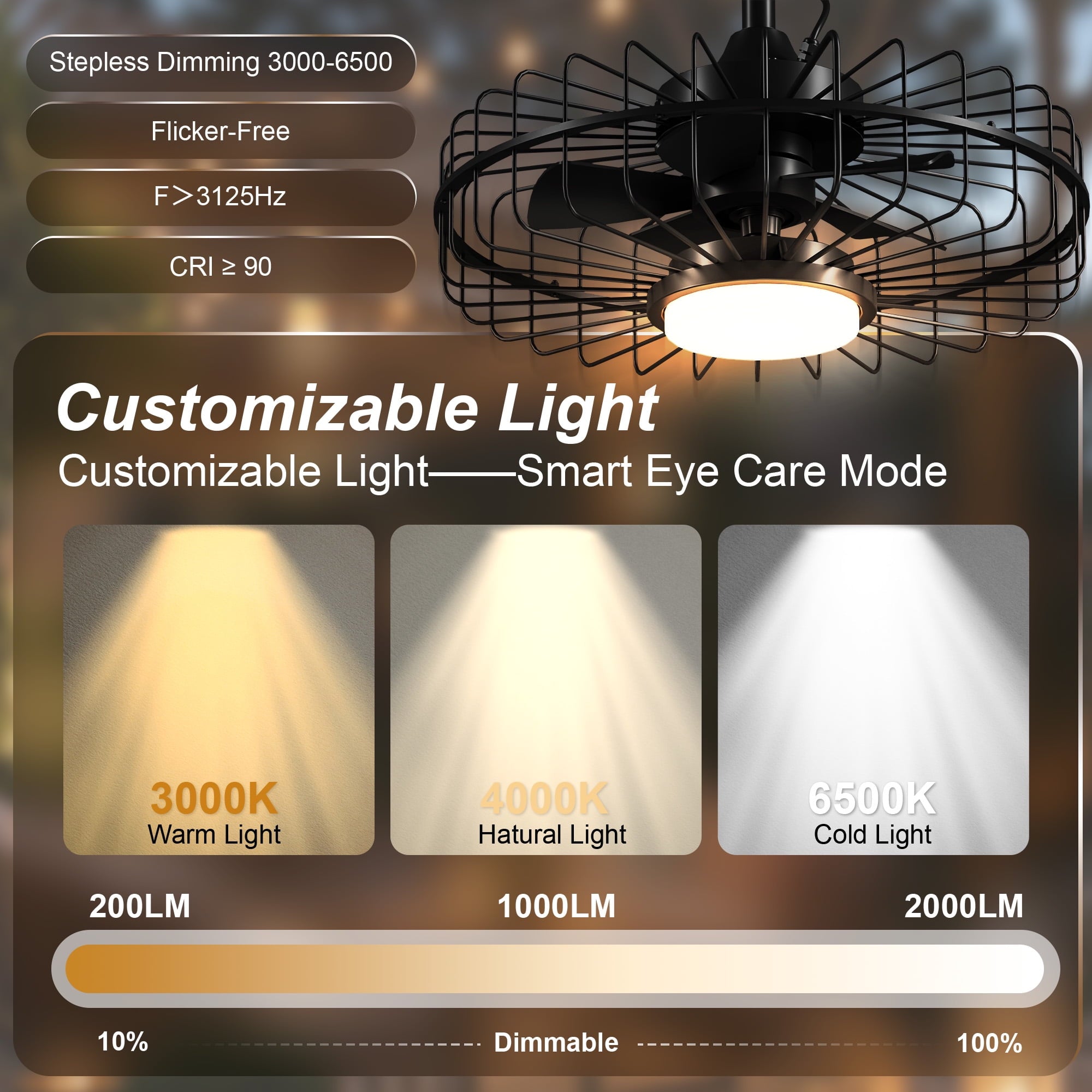 20" Outdoor Ceiling Fan with Lights,IP65 Waterproof Gazebo Hanging Fan with Remote Control, Plug in Caged Ceiling Fan with 3CCT 6-Speeds for Patio Porch Pergola, Black