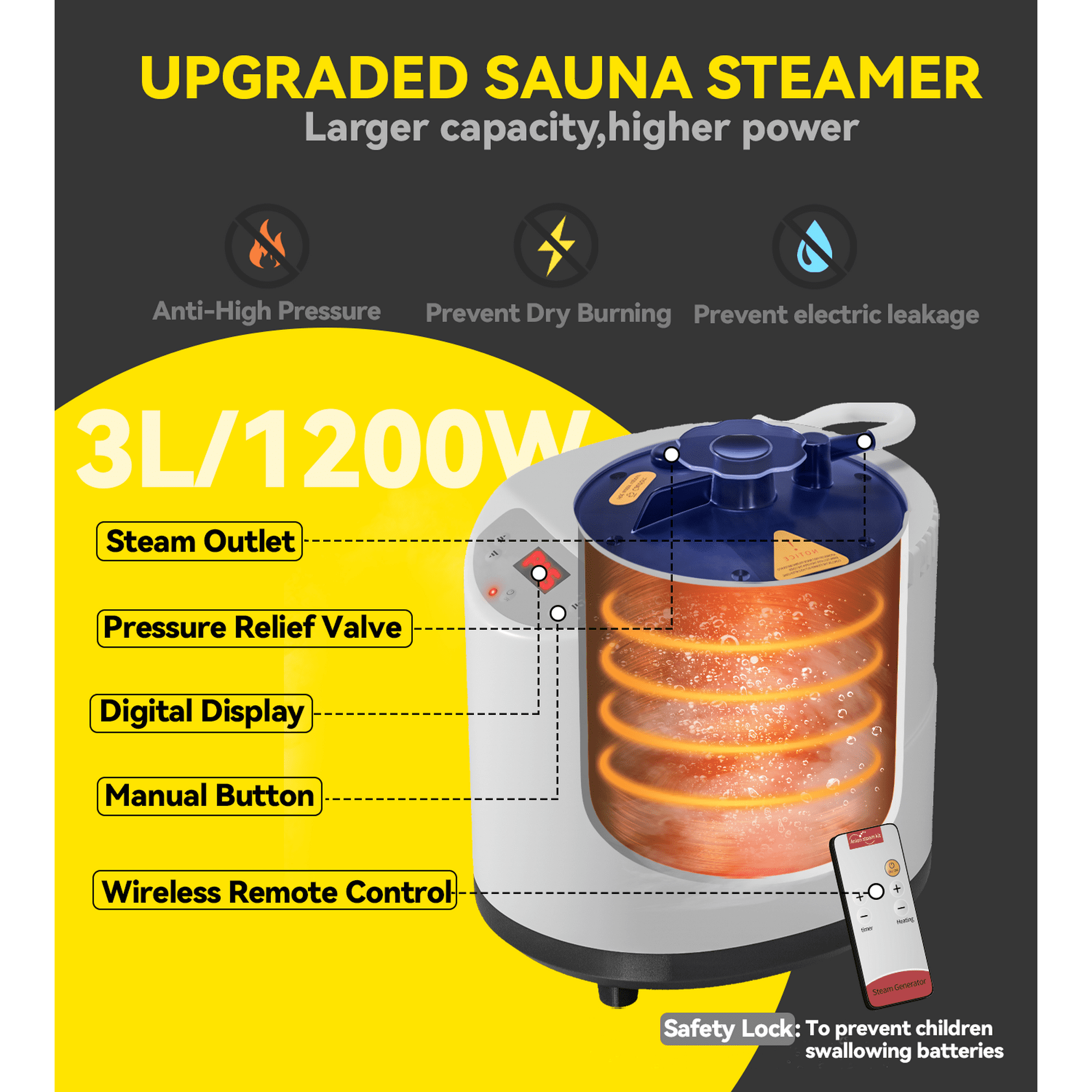 Pentagonal Steam Sauna with Folding Chair,Remote Control,Timer for Large Rooms,Gyms