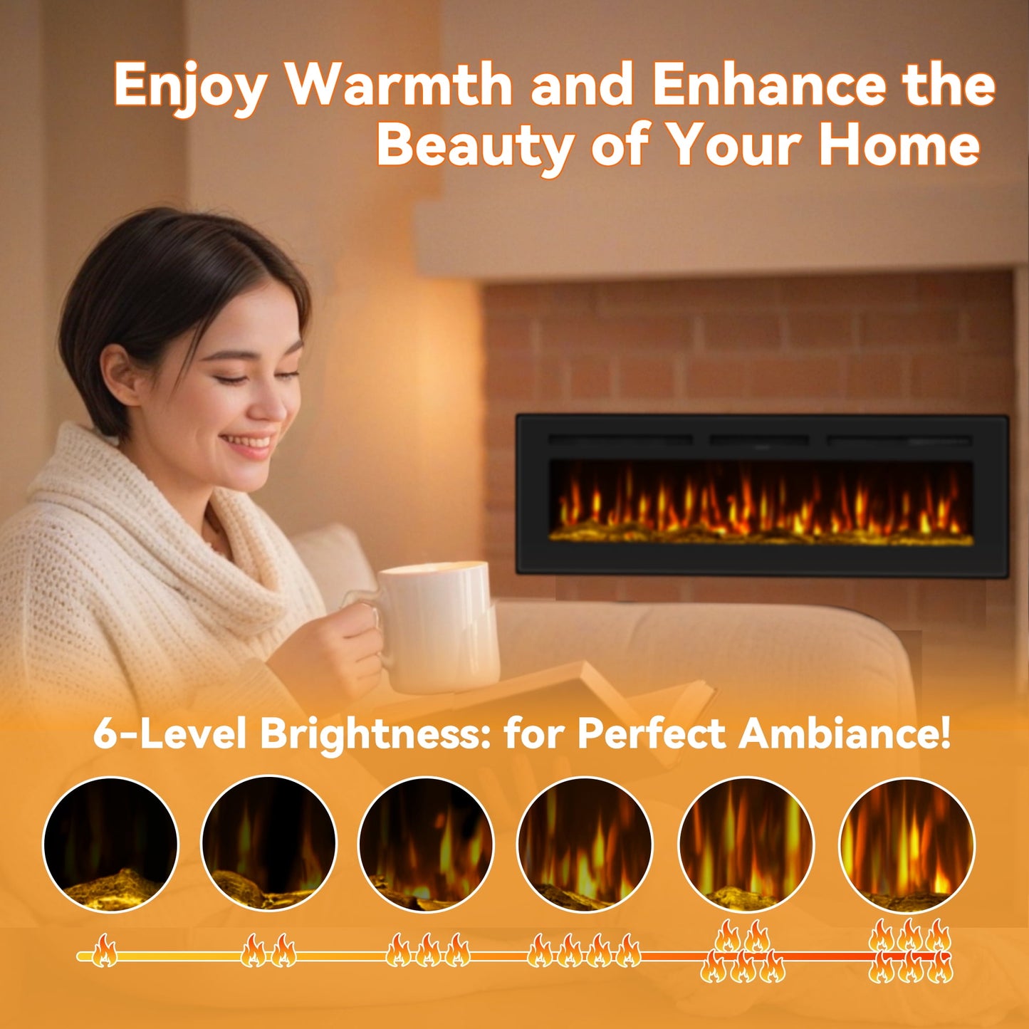 50-inch wall-mounted electric fireplace with multi-color flame, timer, low noise, touch screen and remote control