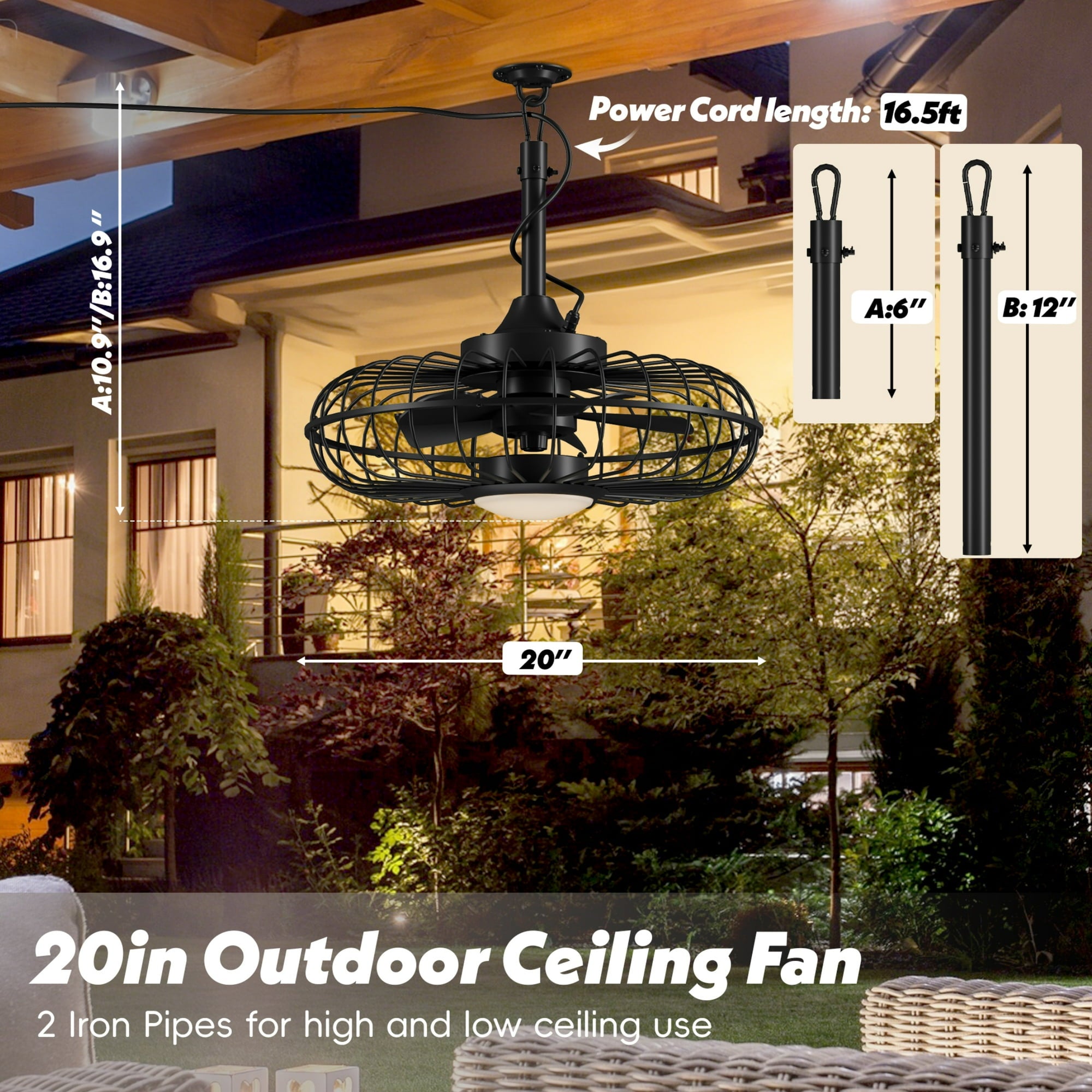 20" Outdoor Ceiling Fan with Lights, 3-Color Infinite Dimming, 6 Speeds + Timer, Waterproof & Energy-Efficient,Remote Control, for Patio, Porch or Gazebo, Black