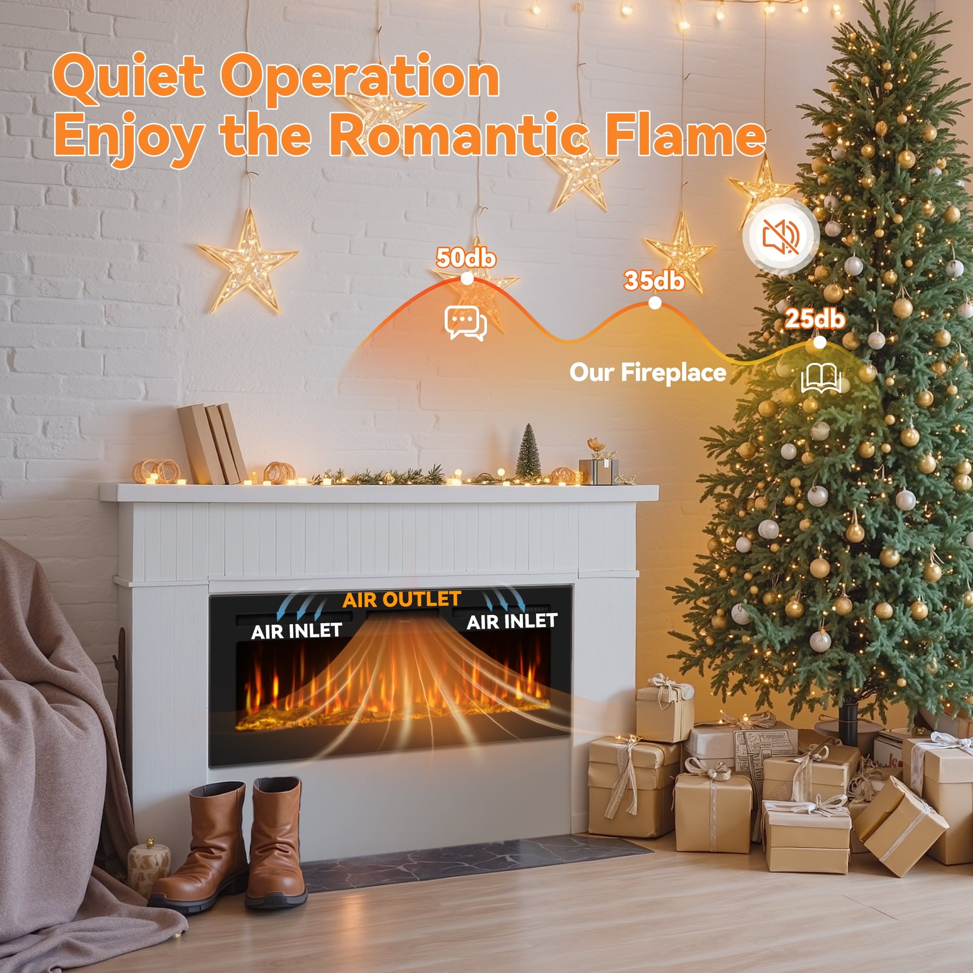 60-inch wall-mounted electric fireplace with multi-color flame, timer, low noise, touch screen and remote control