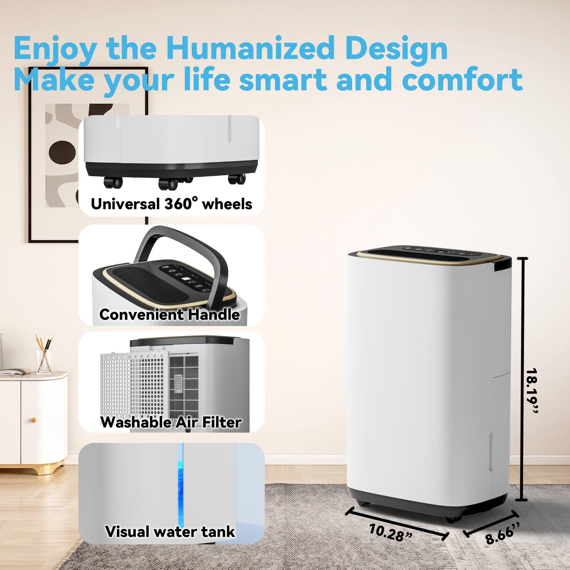 Manastin 9-Pint (DOE) Multi-Function Dehumidifier, 3000 Sq. Ft Coverage Area with 3 Modes, 74 OZ Water Tank/24H-Timer/Drain Hose/Child lock, for Bedroom/Office/Laundry Room