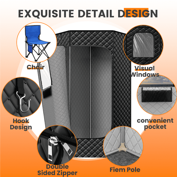 1-Person Pentagonal Steam Sauna Tent with 3L 1200W Steamer, 15-Level Temperature, 8-min Rapid Heating, 99Min-Timer, Remote Control, Folding Chair, 70" x 47" x 36", Black