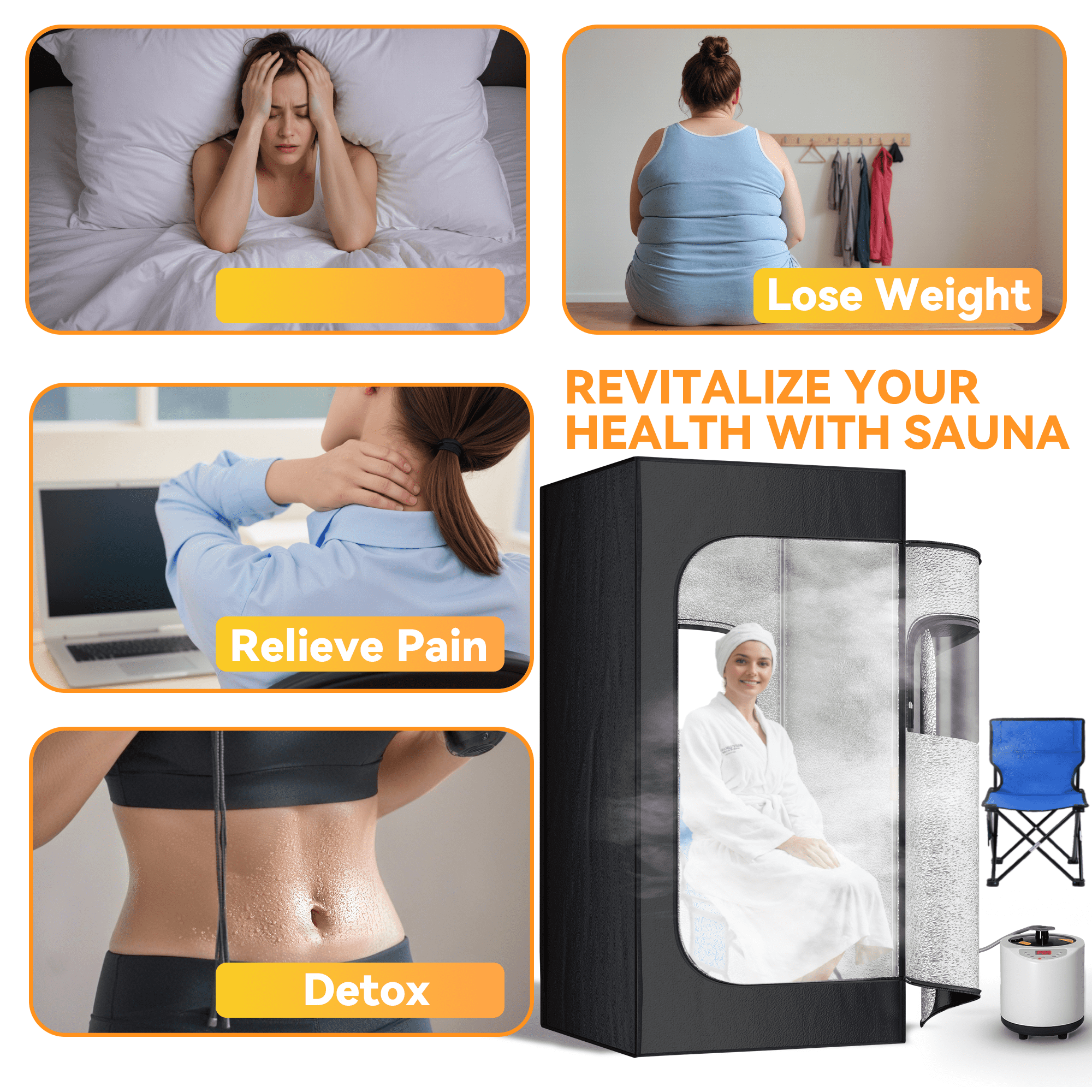 Portable Steam Sauna for Home with 3L 1200W Steamer, Remote Control, Folding Chair (Oxford cloth, waterproof)