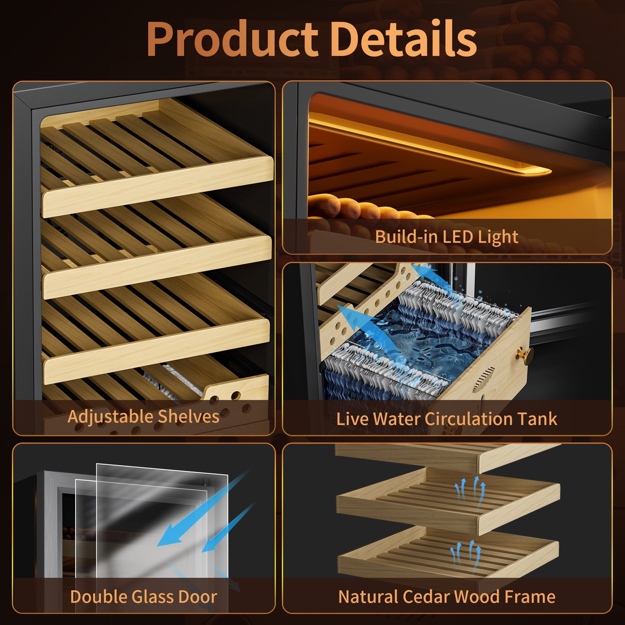 Cigar Humidor, Cigar Humidor Cabinet Light Control System with Hygrometer, Cigar Accessories Drawer
